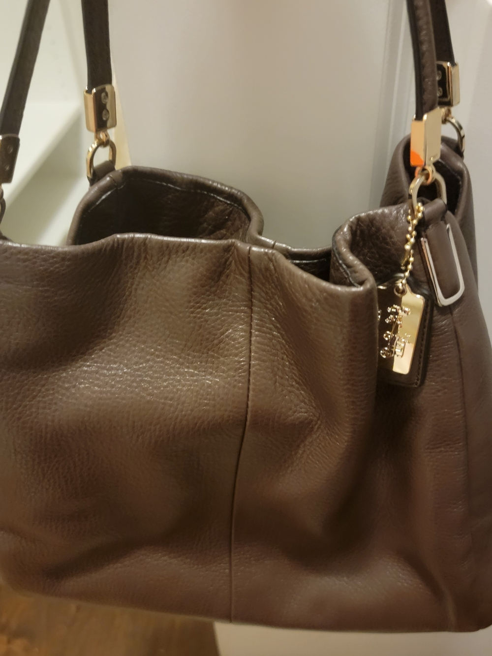 Coach Brown Pebbled Leather Shoulder Bag with Gold Charm